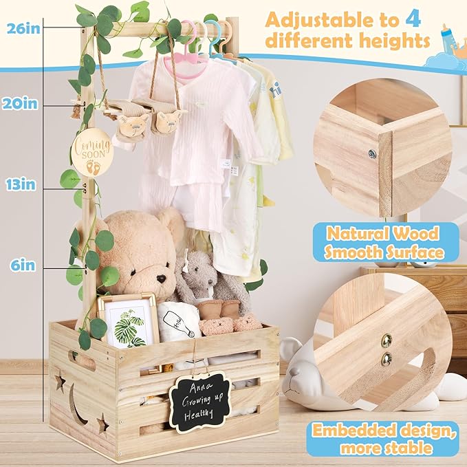 Wooden Baby Shower Crate Closet with Adjustable Handle & Garland, Large Personalized Baby Shower Basket Clothes Hangers Rack Storage Box, Pregnancy Gifts for New Parents Newborn Boy Girl