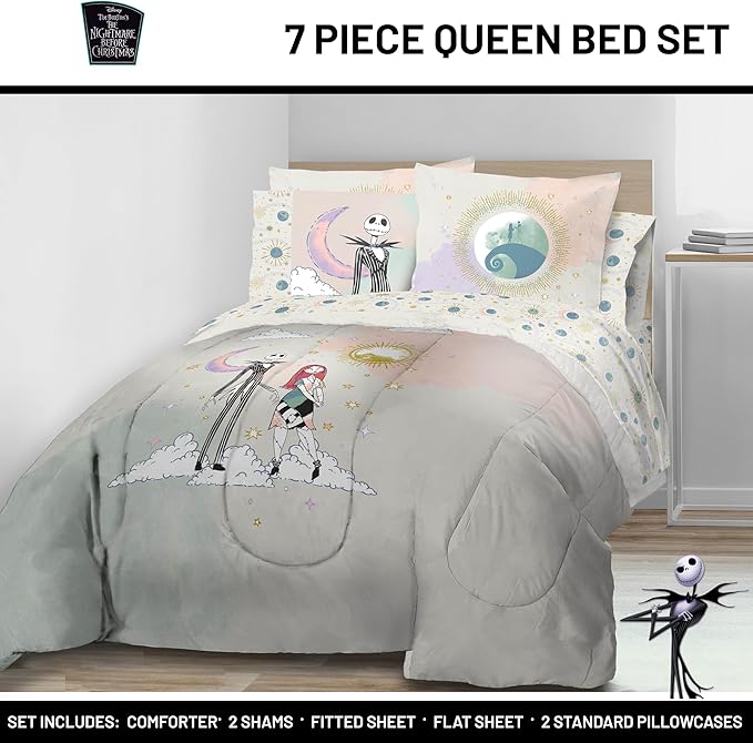 Disney Nightmare Before Christmas Queen Size Comforter Set - 7 Piece Jack and Sally Bedding Includes Sheet Set & Pillow Covers - Super Soft Ombre Bedding