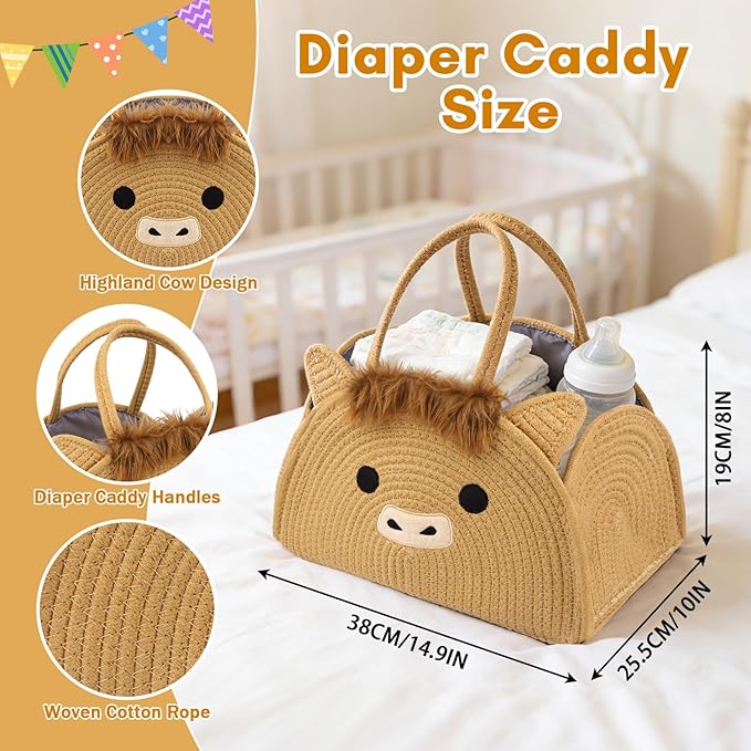 Highland Cute Cow Baby Diaper Caddy Organizer, Woven Cotton Rope Basket for Nursery, Portable Diaper Caddy Empty Gift Basket, Baby Wipes Shower Towels Storage Bins for Newborn Essentials