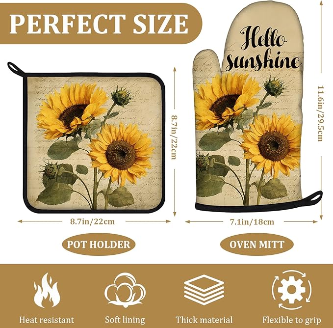 Vintage Sunflower Oven Mitts and Pot Holders Sets 4Pcs Hello Sunshine Floral Silicone Kitchen Gloves Heat Resistant Potholders for Baking Cooking Grilling BBQ