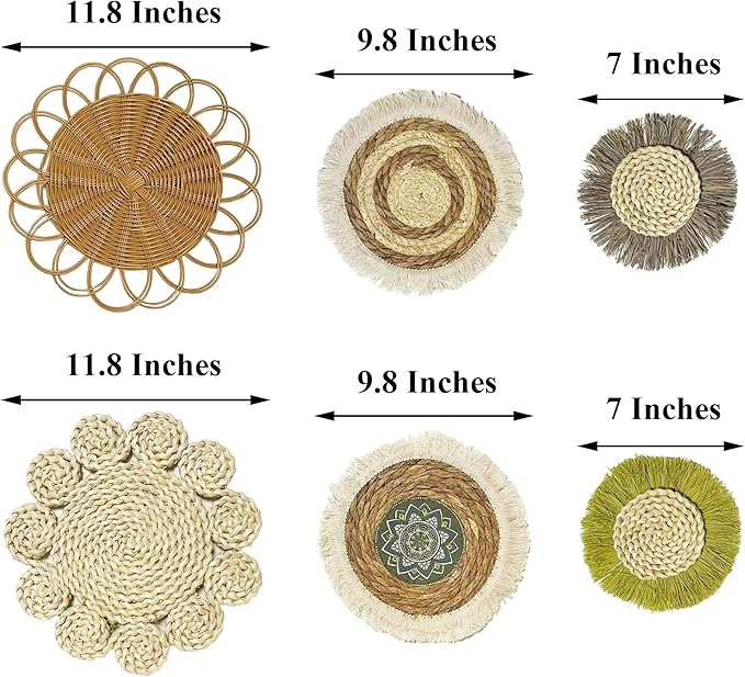 JYSHLCAH 6 Pcs Boho Wall Baskets Decor Rattan Woven Decorations Round Hanging Wall Ornaments for Home Decor