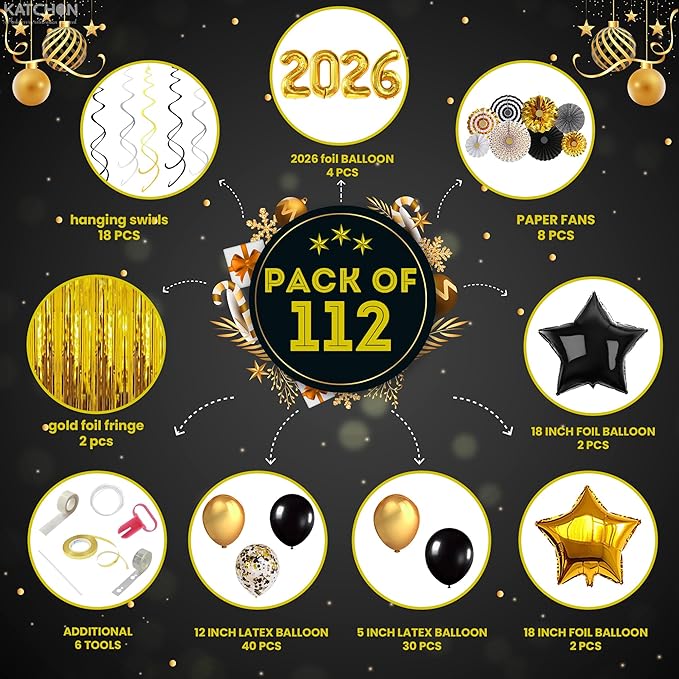 KatchOn, New Years Eve Party Supplies 2026 - Huge Set, Pack of 112 | Black and Gold 2026 Balloon Arch Kit with Gold Fringe Curtain Backdrop | Happy New Year Decorations 2026, NYE Decorations 2026