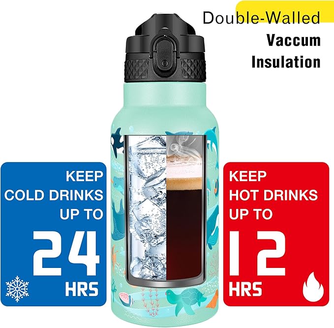 Han's Bottle Kids Water Bottle with Straw Lid - Insulated Stainless Steel Reusable Tumbler for Girls,Boys,Thermo Mug,17oz,Ocean Fish