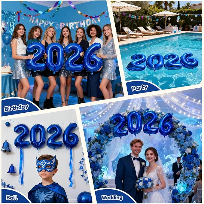 Royal Blue 2026 Balloons, Jumbo 40 Inch Foil 2026 Number Balloons, Grad Balloons for Class of 2026 Graduation Party, Royal Blue Matellic Foil New Year Birthday Home Office Party Supplies