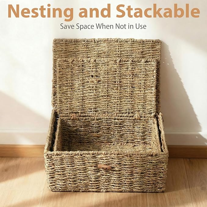 Handwoven Wicker Baskets Decorative Storage Boxes with Lids Set of 2, Natural Seagrass, Nesting Organizer Boxes for Closet, Shelf, Home Decor