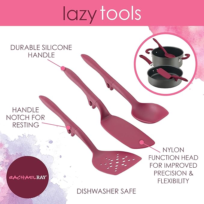 Rachael Ray 47916 3-Piece Lazy Tool Nylon Slotted Turner Set, Burgundy