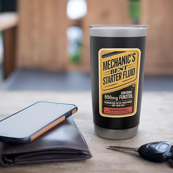 Car Mechanics Starter Fluid Label Fukitol, Funny Mechanic Stainless Steel Insulated Tumbler