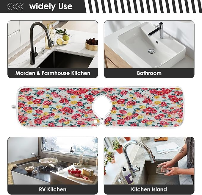 Kitchen Faucet Absorbent Mat,Rose Floral Flower Water Splash Guard for Sink, Faucet Drip Catcher Thicken Sponge Microfiber Faucet Water Catcher Mat Sink Absorbent Mat for Kitchen 30x5in 2Pack