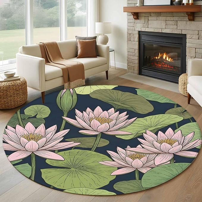 Washable Round Area Rug Pink Lotus Water Lily Dark Green Leaves Circle Rugs Floor Carpet for Living Room Bedroom, Oriental Style Soft Non Slip Round Rug 5ft