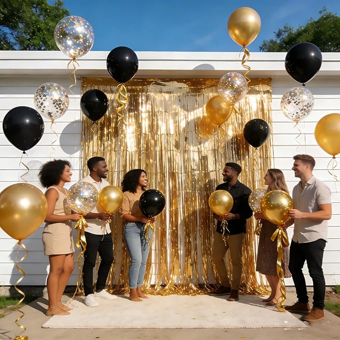 Gold Foil Party Curtain Kit with Balloons & Garland – 2-Pack Metallic Fringe Backdrop (3.28×6.56 ft) for Christmas, Graduation, Birthday Photo Booth New Year Decorations