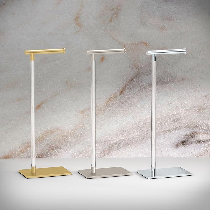Gatco 1331B Toilet Paper Holder Stand, Brushed Brass with Acrylic Post, Rectangle Weighted Base, Freestanding Bathroom Floor Stand, 22.25 Inch