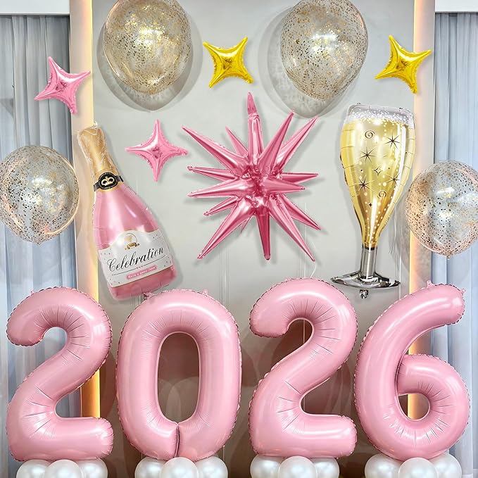 Pink 2026 Balloons, 40 Inch Number 2026 Pink Foil Balloons, Pink and Gold Star Balloon, Champagne Bottle Glass Balloon for Happy New Years Eve Party Supplies 2026 Class of 2026 Graduation Decorations
