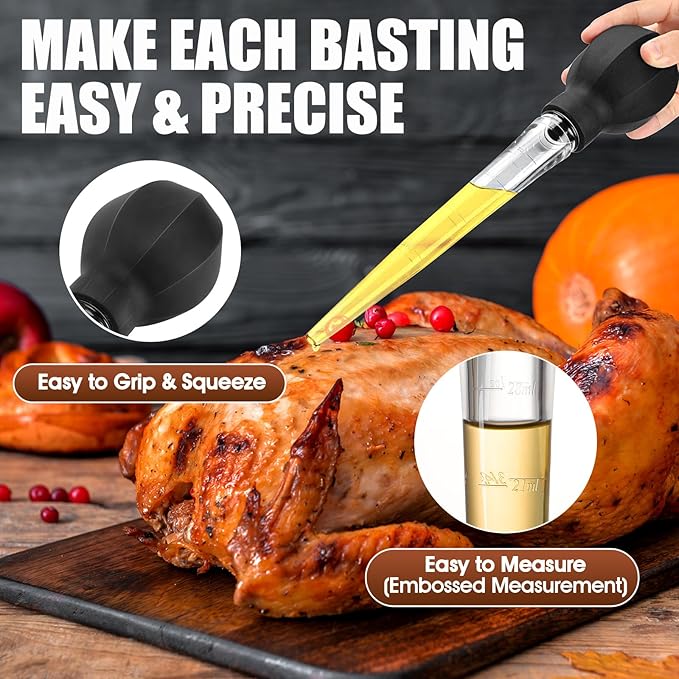SCHVUBENR Large Turkey Baster with Cleaning Brush - Premium Baster Tool for Cooking - Easy to Use & Clean - Powerful Bulb Baster Syringe - Dishwasher Safe - Thanksgiving, Christmas Essentials - Black