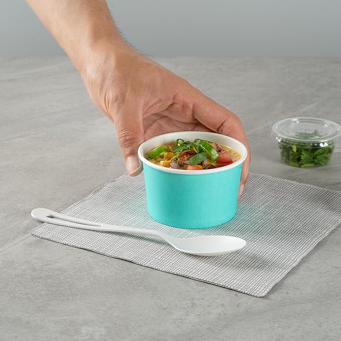 Restaurantware Coppetta 5 Ounce Dessert Cups, 50 Disposable Ice Cream Cups - Lids Sold Separately, Sturdy, Turquoise Paper FroYo Bowls, Striped, For Hot And Cold Foods, Perfect For Gelato