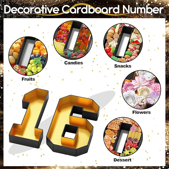 16 Cardboard Numbers for Charcuterie Numbers Fillable 13.8'' Black Gold Paper Mache Number Shaped Cupcake Pans Board Box Trays Container for Food Candy 16th Birthday Party Decorations Anniversary