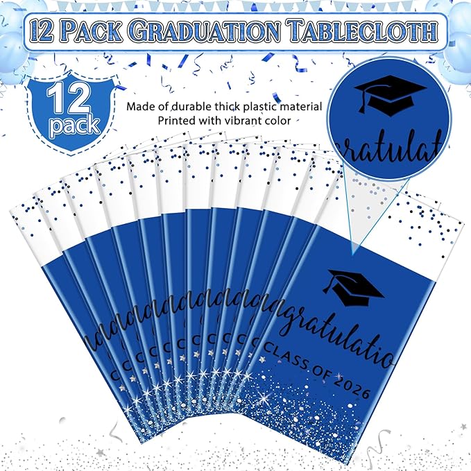 12 Pack Class of 2026 Graduation Tablecloths,Foil Dot Plastic Disposable Rectangle Table Covers for 2026 High School University College Graduation Party Decorations,108*54 Inch (Blue and Black)