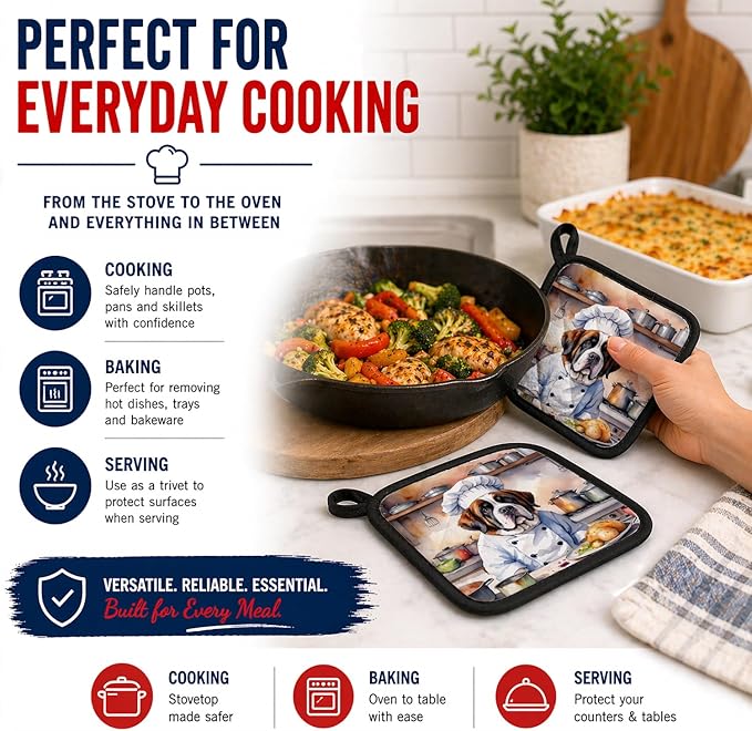 Caroline's Treasures Saint Bernard The Chef Pair of Pot Holders Kitchen Heat Resistant Pot Holders Sets Oven Hot Pads for Cooking Baking BBQ, 7 1/2 x 7 1/2