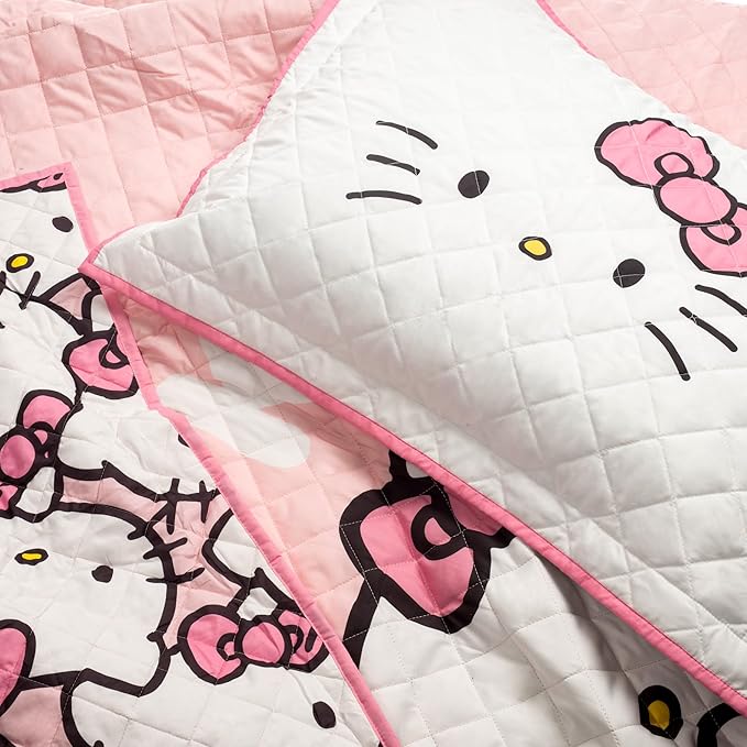 Jay Franco Hello Kitty Bedding Full/Queen Quilt & Sham Set, 3-Piece - Super Soft Cozy Lightweight Quilted Bedspread, Machine Washable All Season Bedroom Decor, Pink Stripes & Hearts