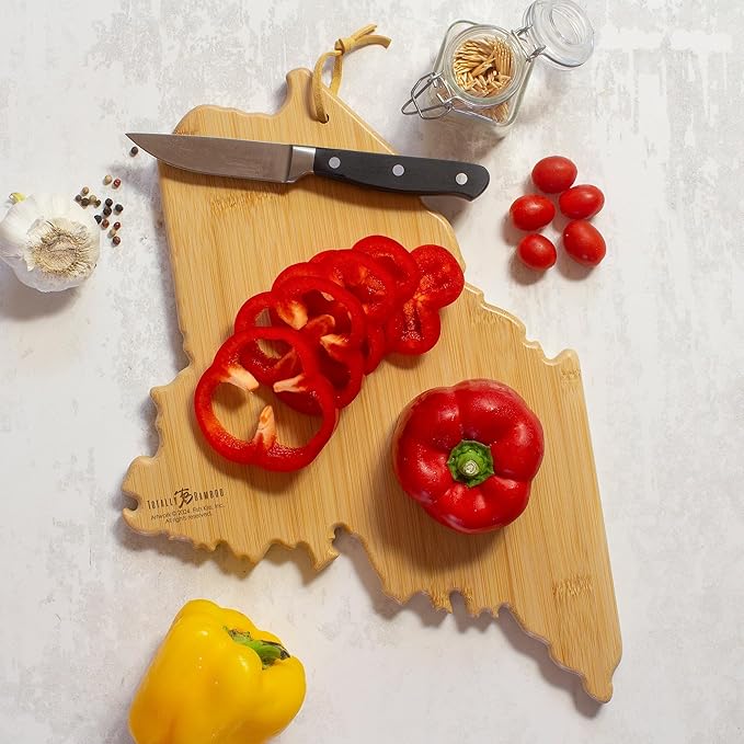 Totally Bamboo Maine State Shaped Cutting Board and Charcuterie Serving Platter with Artwork by Fish Kiss, Includes Hang Tie for Wall Display