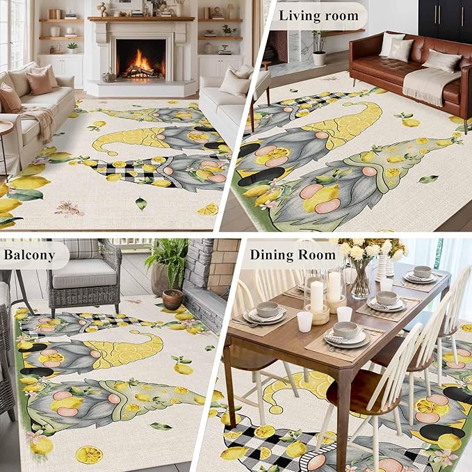 Area Rug 6x9ft, Summer Gnome with Lemon Washable Rugs for Living Room Bedroom, Farmhouse Dwarf Fruit on Linen Soft Non-Slip Area Rugs Rectangle Floor Carpet for Dining Room