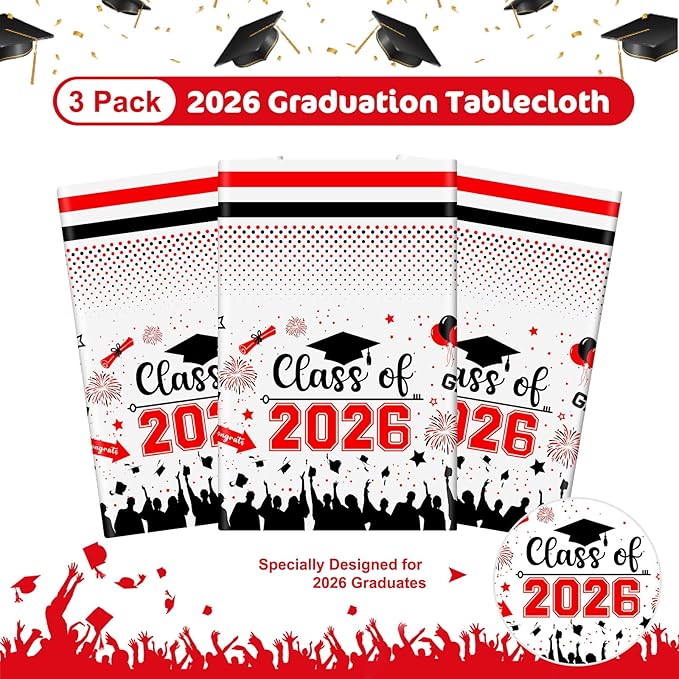 Graduation Decorations Class of 2026 Tablecloth - 3 Pcs Plastic Congrats Grad Table Cloth, Graduation Table Cover for Graduations Party Decorations 2026 and Party Supplies, 54"x108" (Red and Black)