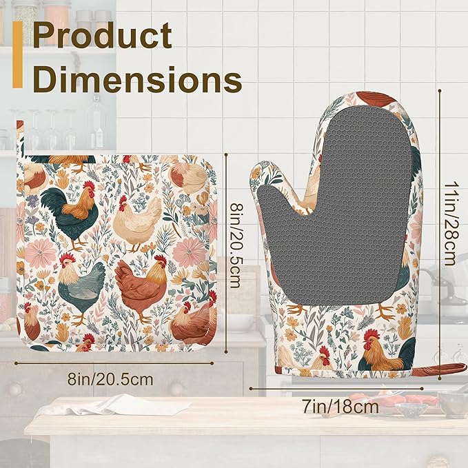 Cute Roosters Chicken Hens Oven Mitts and Pot Holders Set of 4, Heat Resistant Non Slip Plants Kitchen Gloves Hot Pads,Chef Cooking Baking Gifts for Women Bakers,Kitchen Cooking Lover Cooks