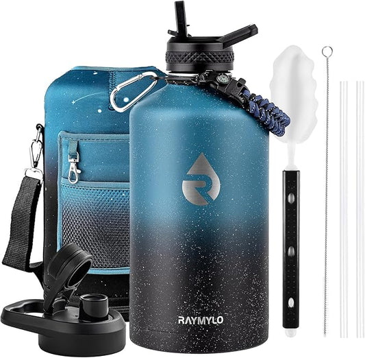RAYMYLO 128oz Insulated Water Bottle, Triple Wall Vacuum Stainless Steel Water Bottles - Keeps Cold 48H, Reusable One Gallon Jug for Gym, Sports, Camping, Hiking,Travel, Starry Sky-Indigo/Black