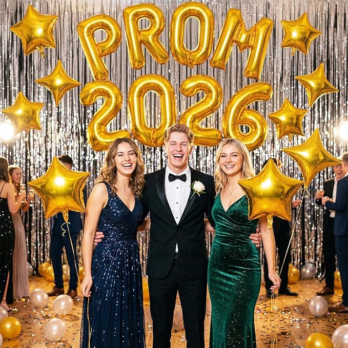 Prom 2026 Balloons Banner, 16 inch Gold letter Balloons Prom 2026 Sign Decoration with Gold Star Balloon for Class of 2026 Congrats Grad Party Birthday Retirement High School Graduation Party Supplies