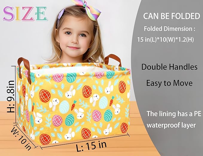 Large Rectangular Easter Baskets Empty Waterproof Boy Toy Box Foldable Kid's Gifts Storage Bin Spring Room Decor(Yellow Leaf Rabbit Egg)