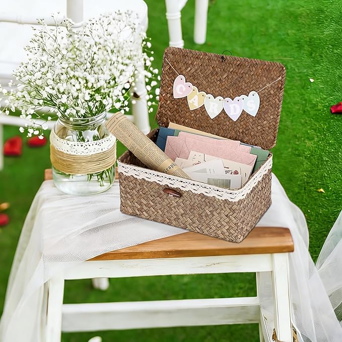 Hipiwe Wedding Card Basket Box Decorative Cards Holder with Letter Flag Handwoven Seagrass Basket Card Receiving Box for Wedding Reception, Baby Shower, Birthday Party, Graduation, Coffee Color