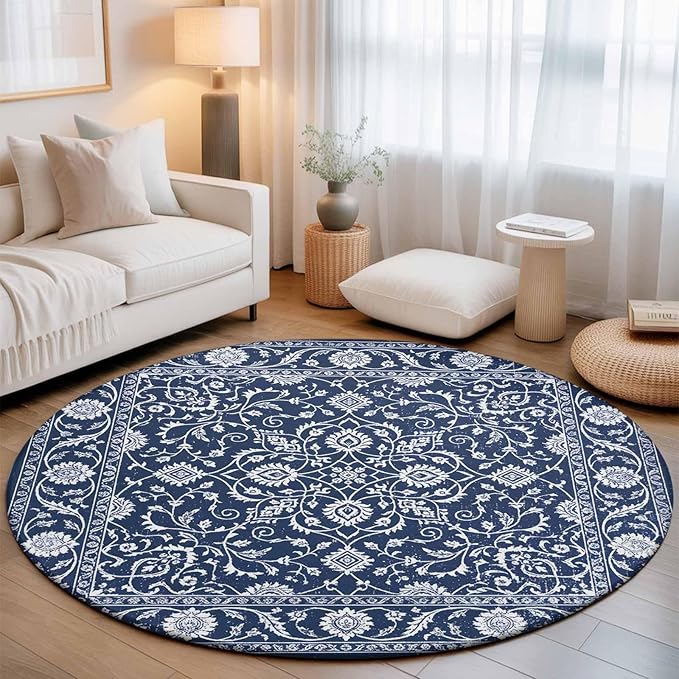 Washable Round Area Rug Navy Blue Paisley Floral Texture Circle Rugs Floor Carpet for Living Room Bedroom, Vintage Tribe Flower Soft Non Slip Round Rug 3ft