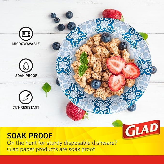 Glad Round Disposable Paper Bowls, Blue Victorian Design - Heavy Duty, Soak-Proof, Cut-Resistant, Microwavable Paper Bowls for All Foods and Daily Use, 16 oz, 50 Count