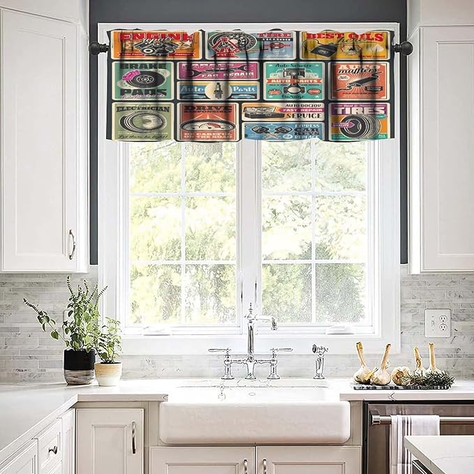 Retro Valance Curtain Car Service and Auto Center Vintage Signboard Windows Short Curtains Valances for Kitchen Living Room Bathroom Bedroom Farmhouse Decor with Rod Pocket, One Panel 54X18 Inches
