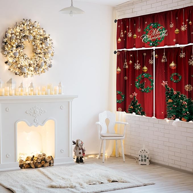 Christmas Valances Curtain Set - Red and Green Christmas Tree and Wreath Pattern, Rod Pocket 3 Panels for Kitchen Bedroom Bathroom Window Decor