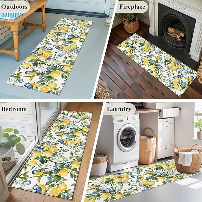 Runner Rug for Bedroom Hallway, Pastoral Vintage Lemon Blue Bird Kitchen Runner Rugs Area Rug 2x6ft, Retro Yellow Fruit Flowers Washable Soft Floor Carpet for Entryway Stair
