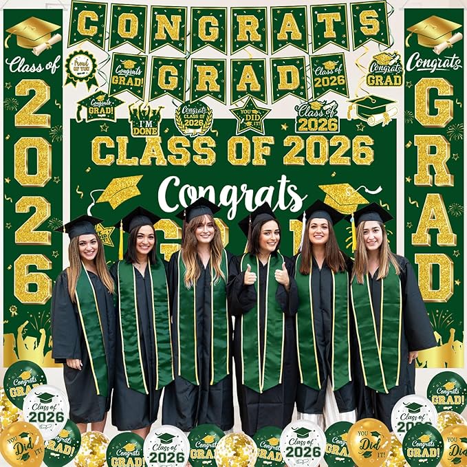 Graduation Decorations Class of 2026 - Green and Gold Graduation Party Supplies Include Backdrop, Banner, Hanging Swirls, Porch Sign, Balloons for Congrats Grad Decorations