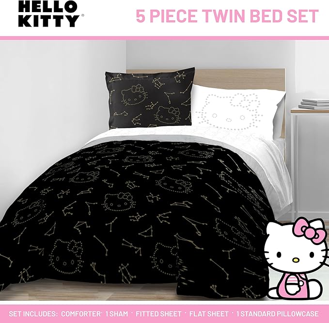 Jay Franco Hello Kitty Stars Twin Comforter Set - 5 Piece Bedding Includes Sheet Set & Pillow Covers - Super Soft Zodiac Black & Gold Bedding