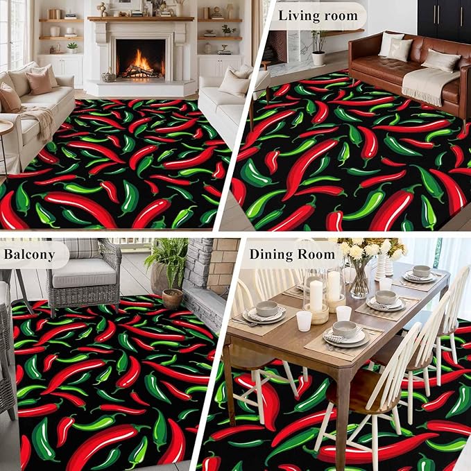 Area Rug 6x9ft, Spicy Chili Pepper Pattern Washable Rugs for Living Room Bedroom, Red Green Peppers on Black Soft Non-Slip Area Rugs Rectangle Floor Carpet for Dining Room