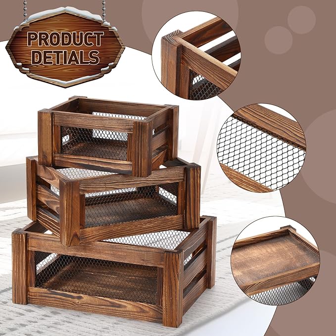 Kathfly Set of 3 Rustic Nesting Crates, Wooden Organizer Boxes Basket, Small Decorative Wood Wire Containers with Handle for Countertop Display, Fruit, Veggies, Kitchen, Bathroom, Pantry Storage