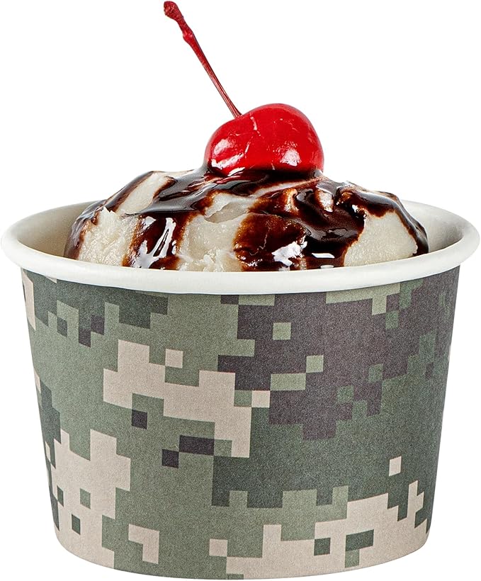 Restaurantware Coppetta 4-Ounce Dessert Cups, 50 Disposable Ice Cream Cups - Lids Sold Separately, Heavy-Duty, Camouflage Paper Frozen Yogurt Bowls, For Hot And Cold Foods