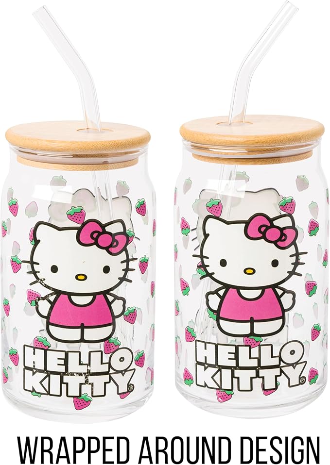 Silver Buffalo Sanrio Hello Kitty Strawberry Glass Jar Tumbler with Bamboo Lid and Glass Straw,16 Ounces,(Pack of 12)