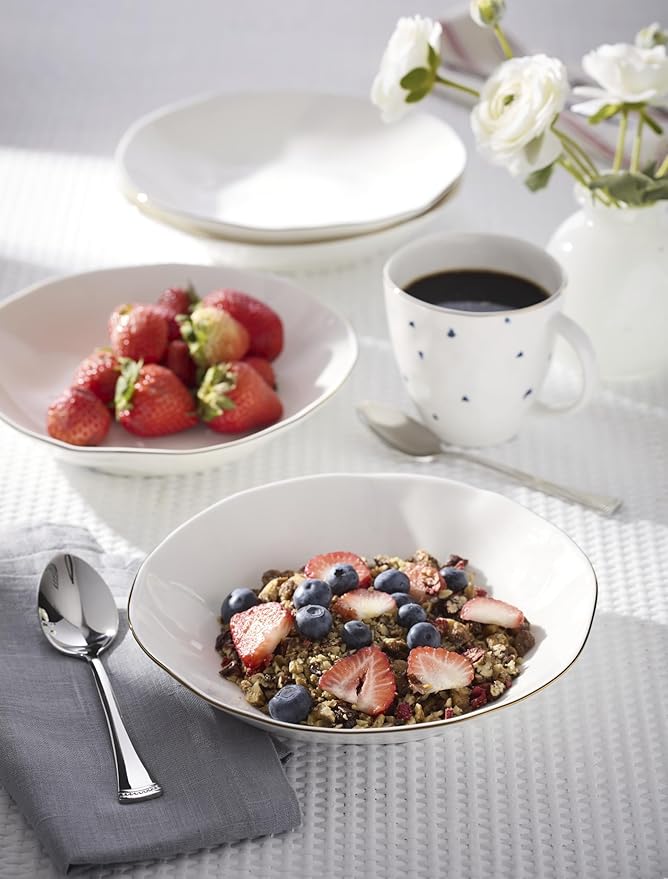Lenox Dinnerware Set, Blue Bay White Pasta Bowls, Set of 4, Service For 4, Dishwasher and Microwave Safe, Made of Porcelain, 24 Ounce Capacity, Salad Bowl, Pasta Bowl, Gold Branding (White, 4 Pieces)