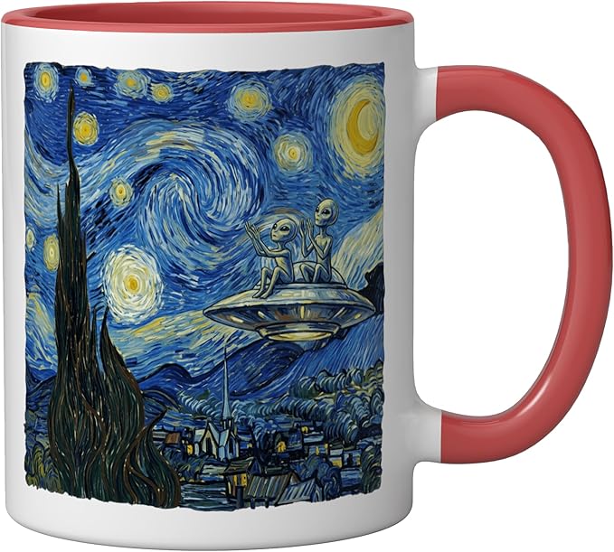 Aliens Saucer UFO Extraterrestrial Fun Starry Night Van Gogh Ceramic Mug, Red/White
