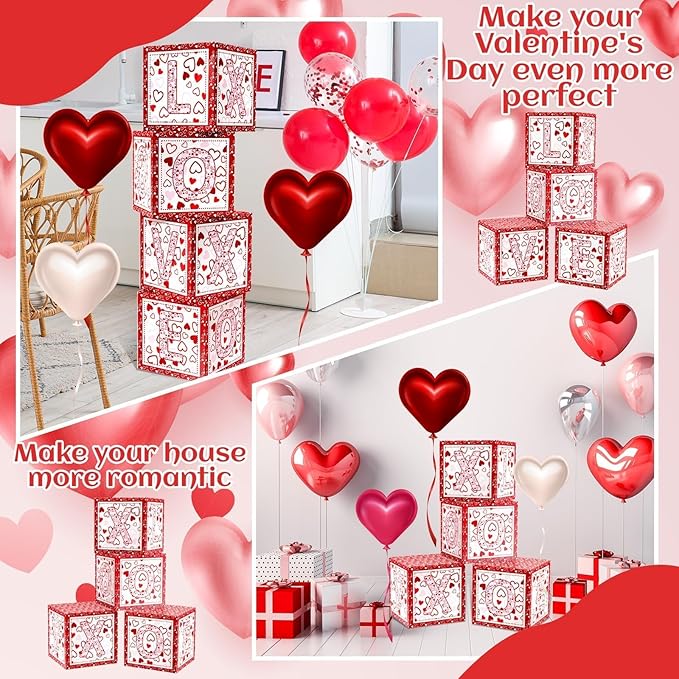 4 Pcs Valentines Day Balloon Box Valentines Day LOVE Balloon Box School Party Decorations Balloons Boxes for School Classroom Bedroom Preschool Party Decorations