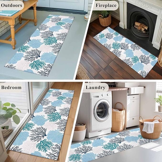 Runner Rug for Bedroom Hallway, Classic Sea Blue Coral Kitchen Runner Rugs Area Rug 2x6ft, Abstract Marine Life Scenery Washable Soft Floor Carpet for Entryway Stair
