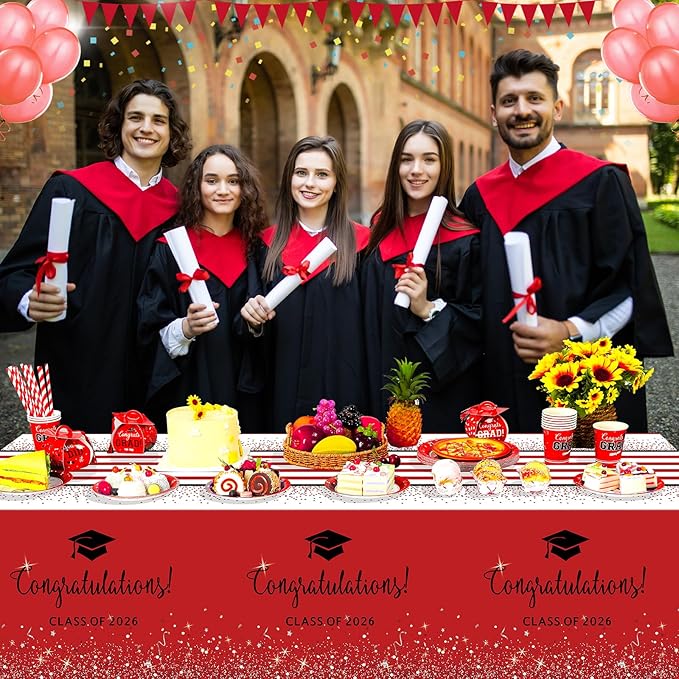 12 Pack Class of 2026 Graduation Tablecloths,Foil Dot Plastic Disposable Rectangle Table Covers for 2026 High School University College Graduation Party Decorations,108*54 Inch (Red and Black)