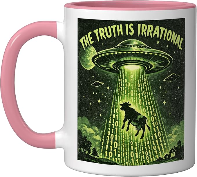 UFO The Truth Is Irrational Cow Abduction 3.14 Math Pi Day Ceramic Mug, Pink/White