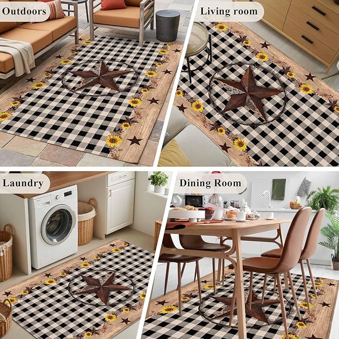 Area Rug 4x6ft, Western Star Farm Sunflower Washable Rugs for Living Room Bedroom, Vintage Wood Grain Black Buffalo Plaid Soft Non-Slip Area Rugs Rectangle Floor Carpet for Dining Room