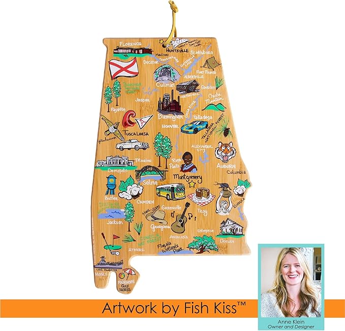Totally Bamboo Alabama State Shaped Cutting Board and Charcuterie Serving Platter with Artwork by Fish Kiss, Includes Hang Tie for Wall Display