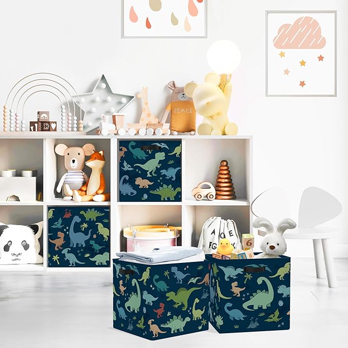 Clastyle 3 Pack 11.8'' Fabric Dinosaur Storage Basket for Shelves Collapsible Closet Organizers with Metal Frame Bottom Board Large Kid Clothes Toy Book Cube Bin for Playroom Bedroom,Watercolor